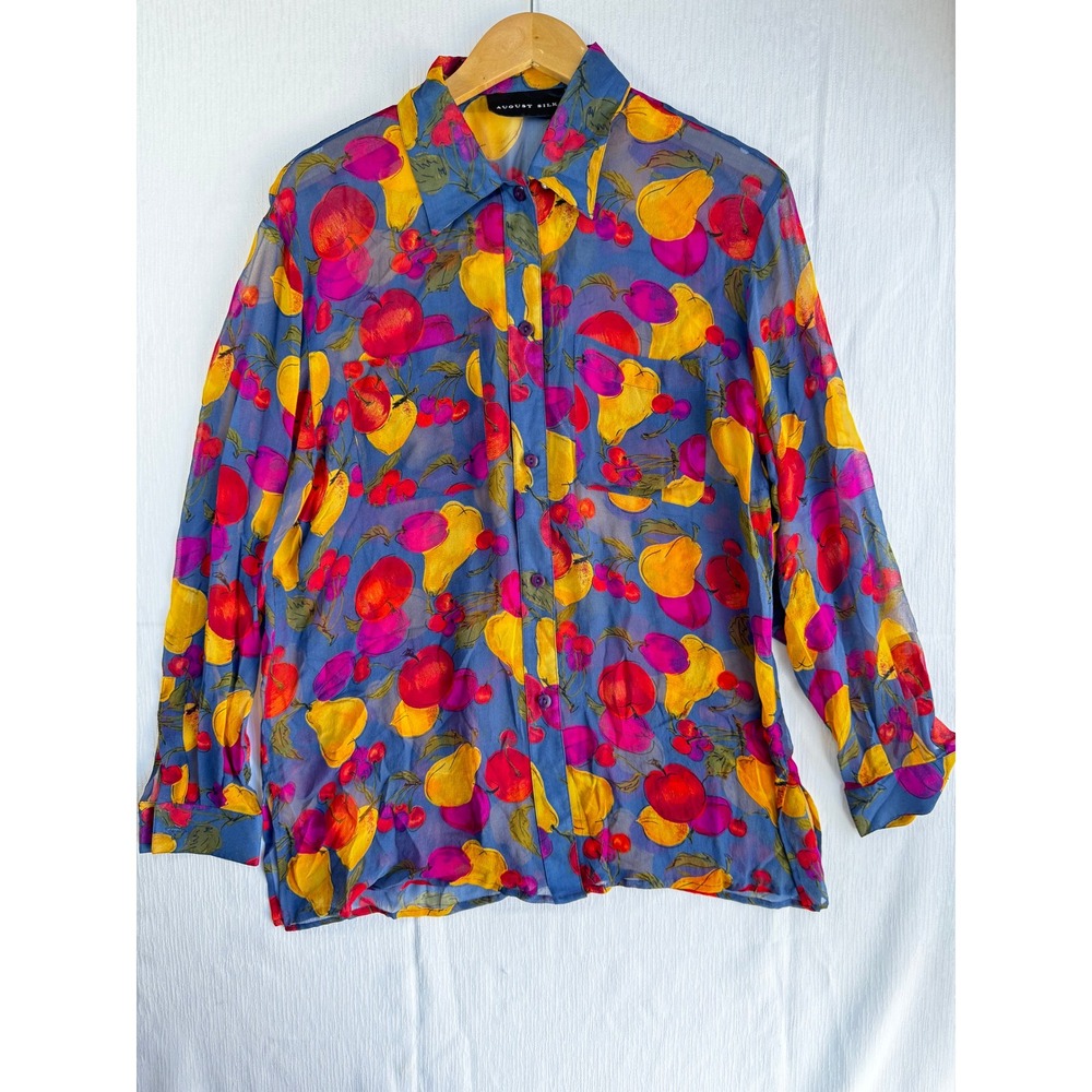 August Silk Womens Medium Blue Fruit Print Sheer 100% Silk Button Down Blouse